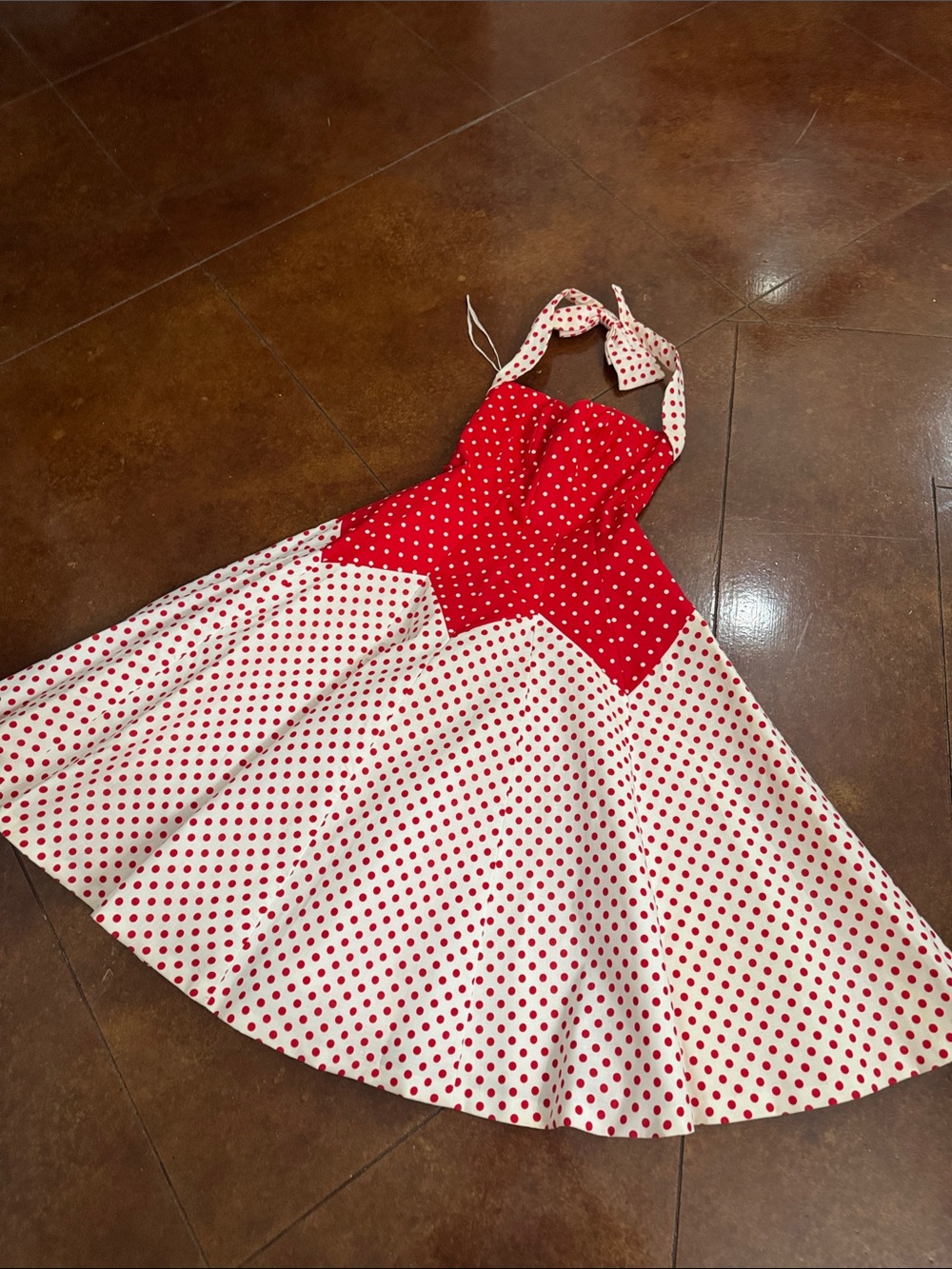 Victor Costa Red and White Polka Dot Halter Swing Dress